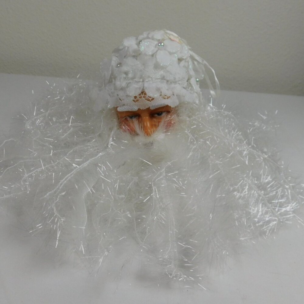 Santa Claus Head Christmas Ornament Sparkly Beard White Flower Hat Plastic 9" Lg
